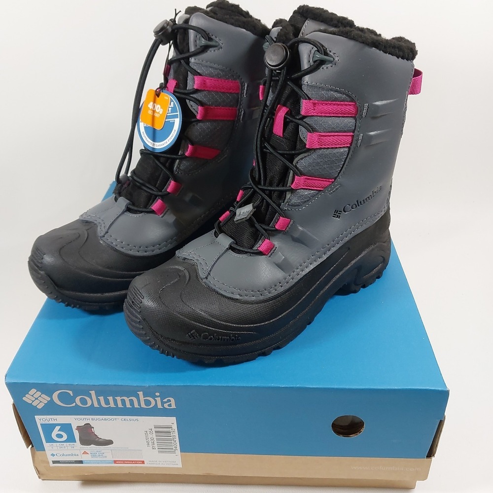Columbia Youth Snow Boots Waterproof Winter Gray Pink Black Size 6 Bugaboot‎